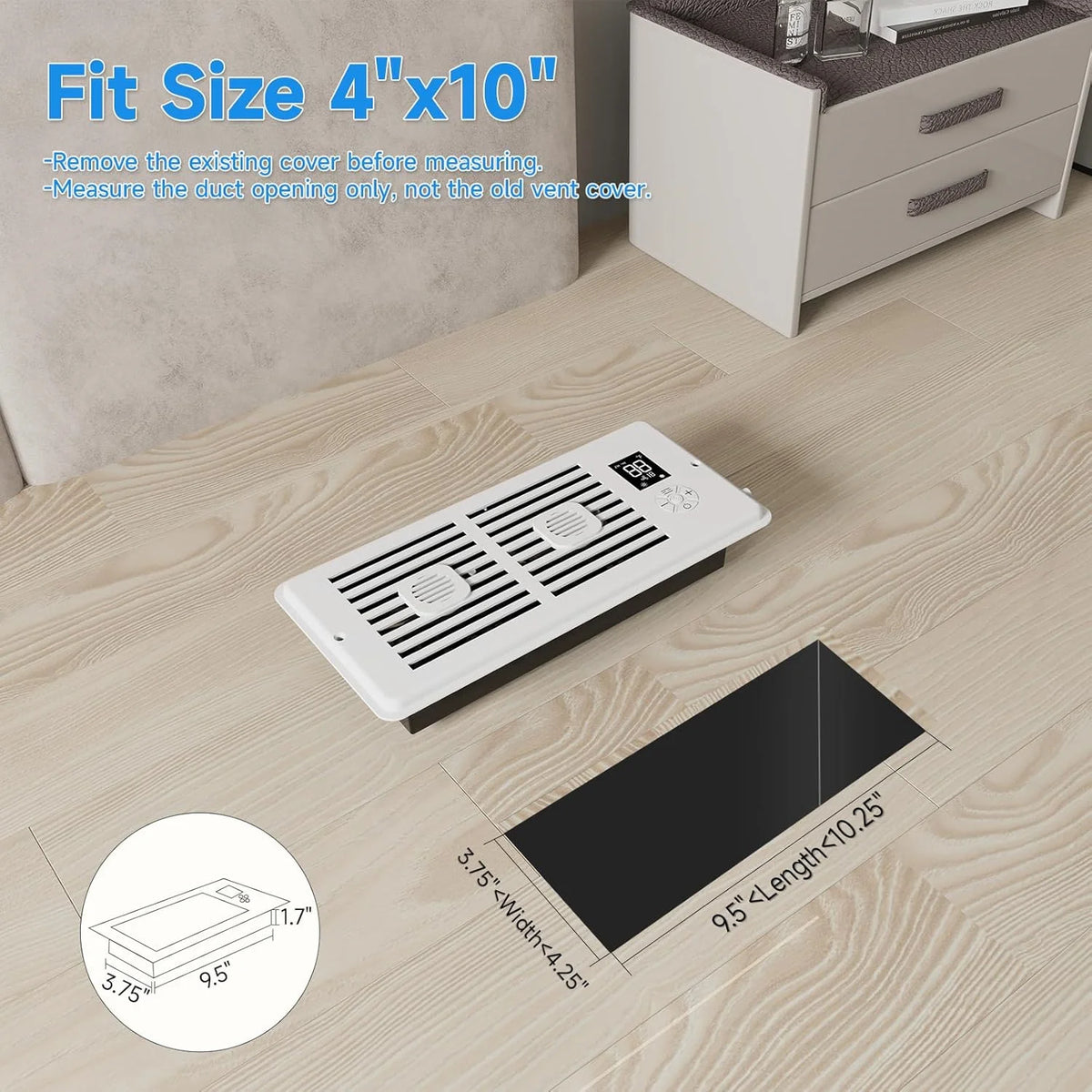 A white rectangular vent booster fan with a grille is shown on a wooden floor next to a cabinet and a diagram showing its dim