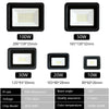 A set of black IP68 waterproof LED flood lights with various wattages and beam angles.