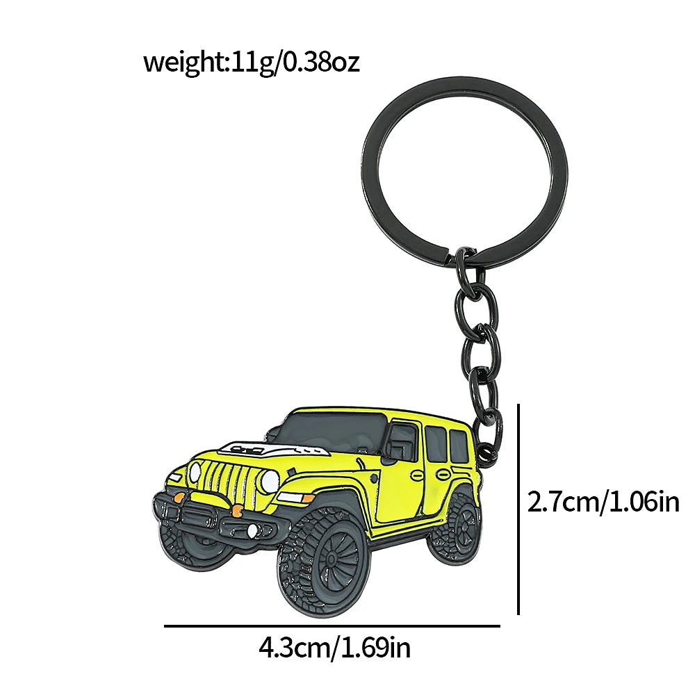 A yellow Ford Bronco zinc alloy keychain with a black split ring and metal chain.