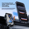 A front-facing infrared sensor clamp arm is shown attaching to a smartphone, demonstrating an automatic clamping and locking 