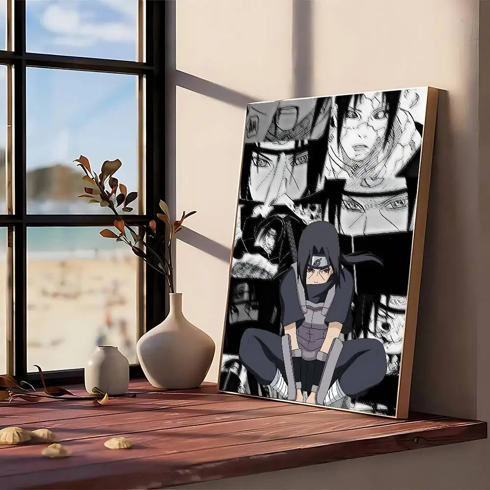 A canvas art print featuring multiple stylized anime characters in black and white tones displayed on a wooden shelf.