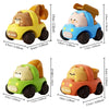 Three push-and-go toy cars featuring cartoon animals like a bear, pig, and tiger in yellow, blue, and orange colors.