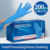 Box of disposable blue nitrile examination gloves with a hand wearing one, used for food processing or home cleaning.