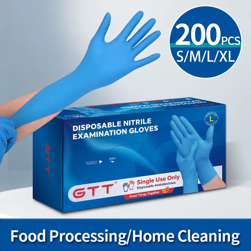Box of disposable blue nitrile examination gloves with a hand wearing one, used for food processing or home cleaning.