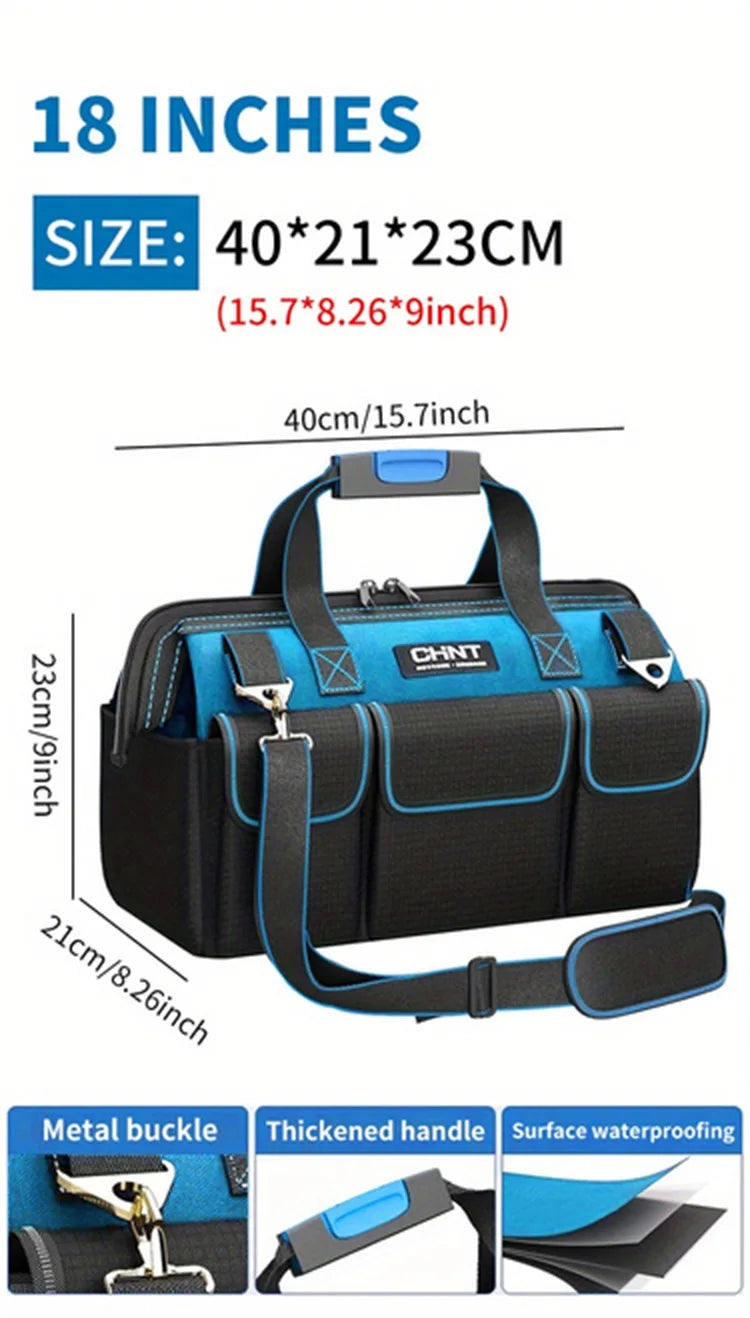 Black heavy-duty waterproof tool bag with multiple pockets and a padded shoulder strap