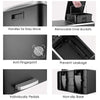 Various features of a black dual compartment recycling trash can including handles, removable inner buckets, anti-fingerprint
