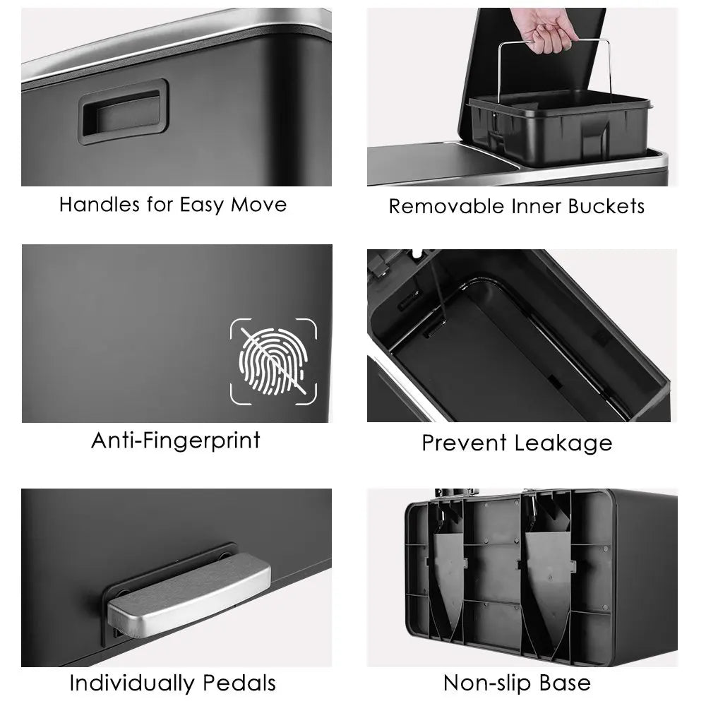 Various features of a black dual compartment recycling trash can including handles, removable inner buckets, anti-fingerprint