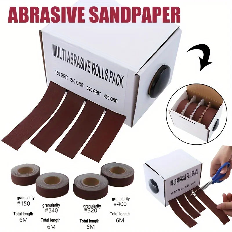 Box of multi abrasive rolls sandpaper grits 150 to 400 with sandpaper strips and a dispenser tool