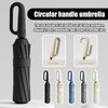 A black circular handle umbrella with various colored ring buckles shown in different states.