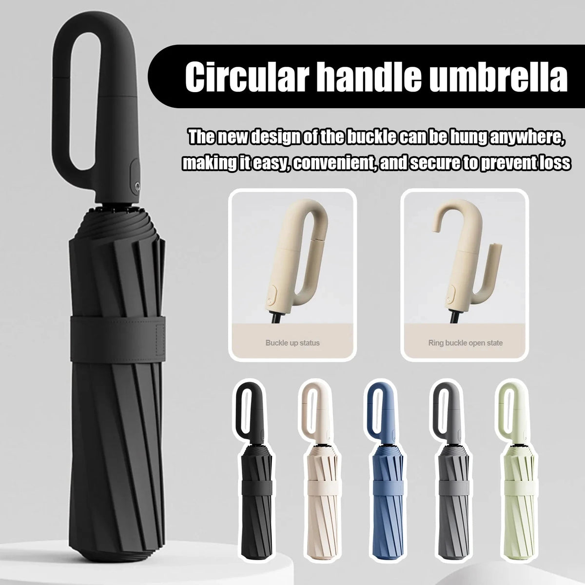 A black circular handle umbrella with various colored ring buckles shown in different states.