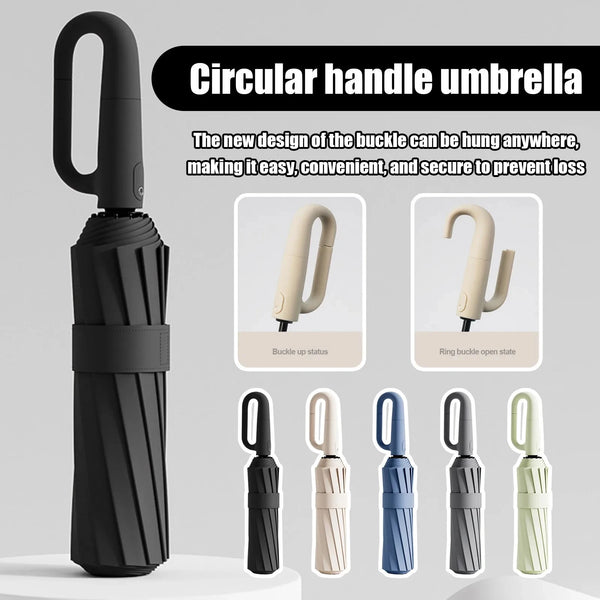 A black circular handle umbrella with various colored ring buckles shown in different states.