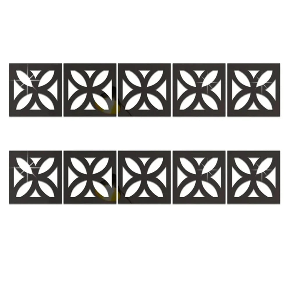 A set of black acrylic mirror wall stickers featuring various decorative geometric patterns for edges and borders.