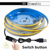 A coiled blue and yellow LED strip light with a switch button is shown.