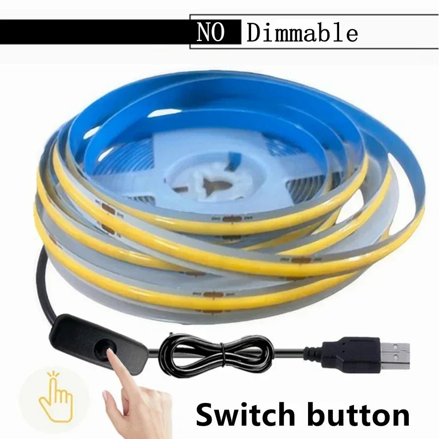 A coiled blue and yellow LED strip light with a switch button is shown.