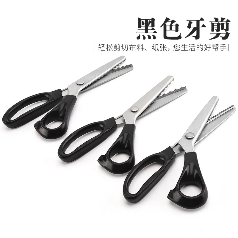 A set of black professional scalloped lace scissors for fabric and crafts.