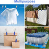 A set of stainless steel pool cover clips with comfort grip handles are shown in various applications.