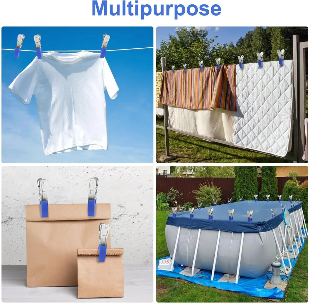 A set of stainless steel pool cover clips with comfort grip handles are shown in various applications.