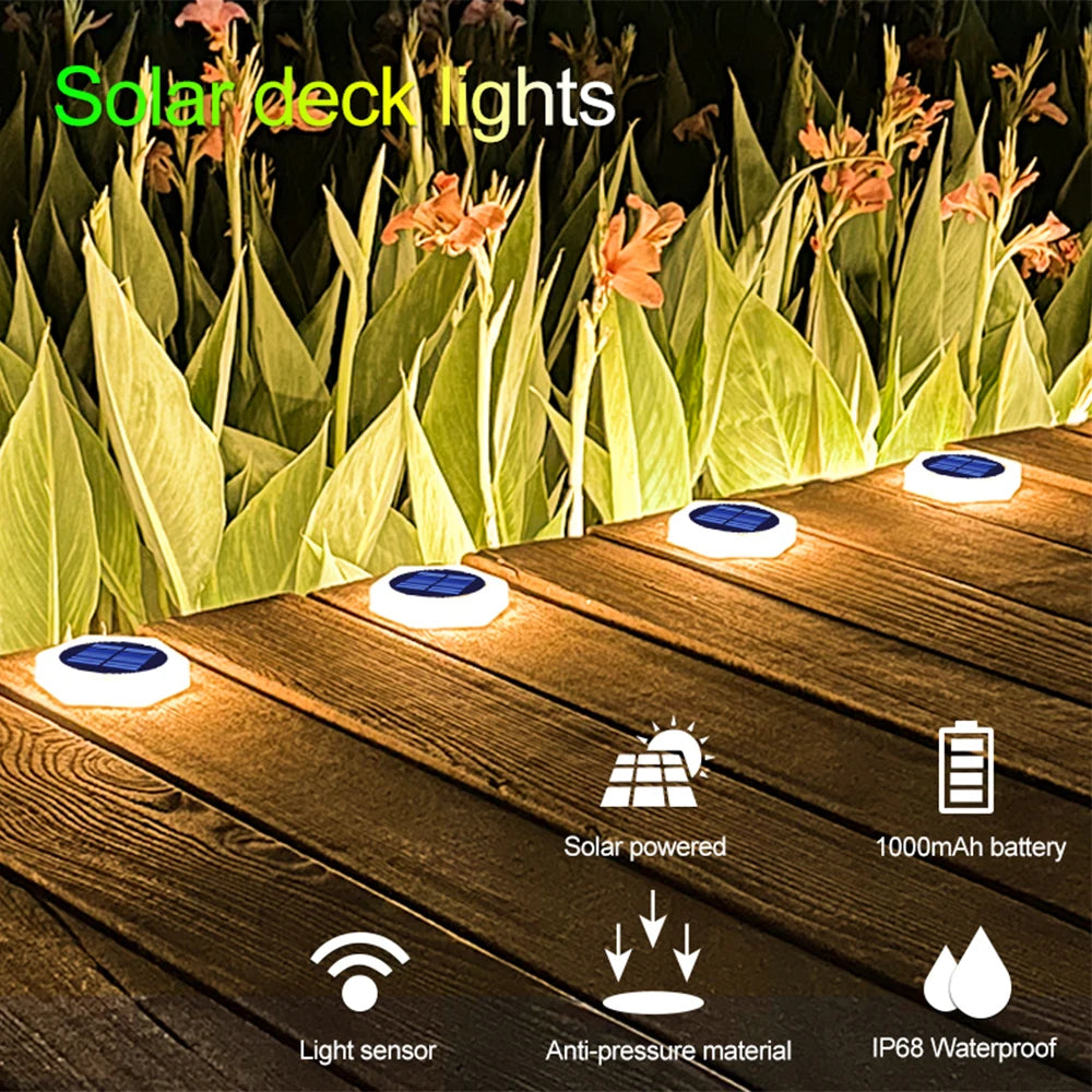 Solar deck lights installed on wooden planks, featuring a light sensor and IP68 waterproof rating.