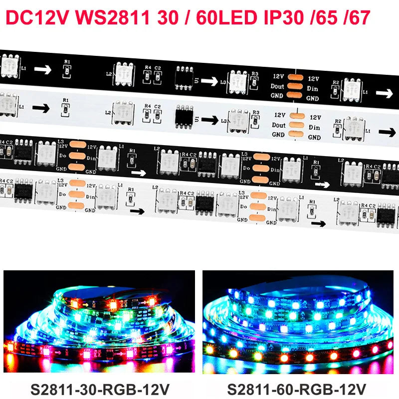 DC12V WS2811 30/60 LED IP30/65/67 addressable RGB LED strips