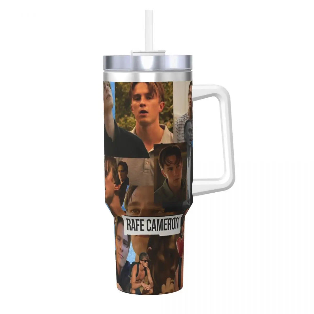 Insulated stainless steel tumbler featuring a collage of faces and the text RAFE CAMERON
