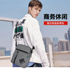 A young man is shown wearing a white jacket and carrying a gray sling bag, with text indicating a business item.