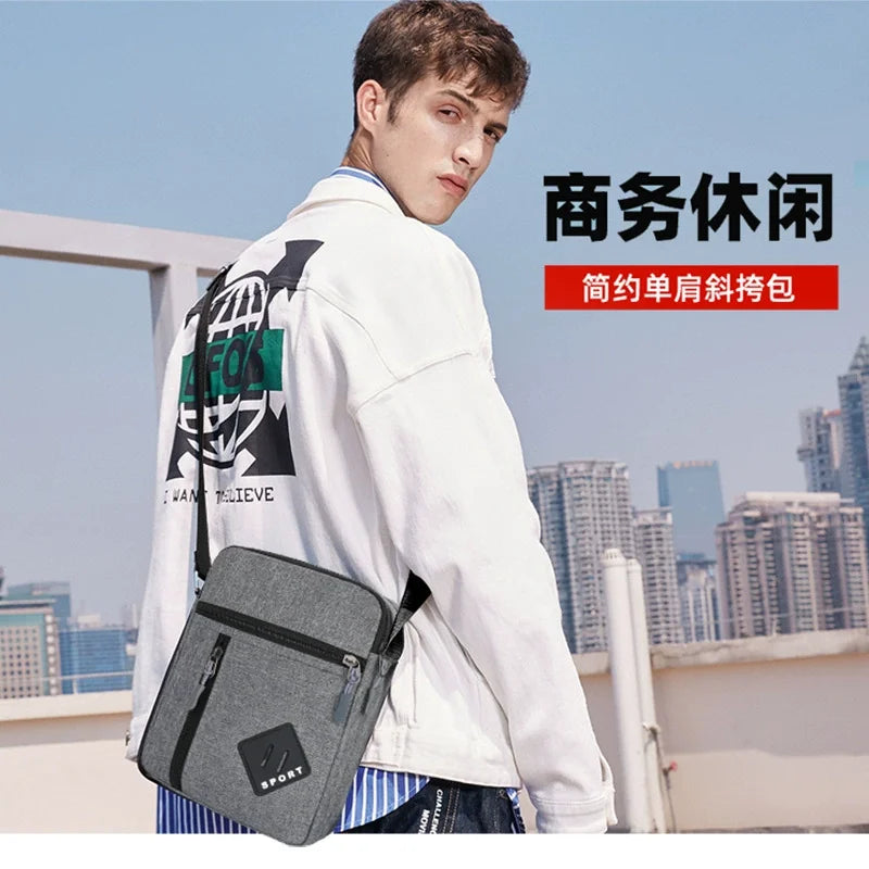 A young man is shown wearing a white jacket and carrying a gray sling bag, with text indicating a business item.