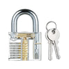 A transparent practice padlock with a silver shackle and a key attached for locksmith training.