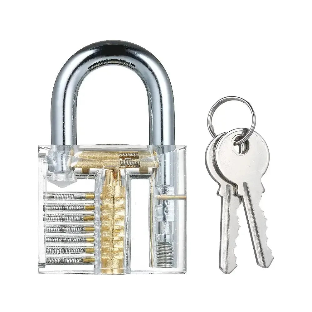 A transparent practice padlock with a silver shackle and a key attached for locksmith training.