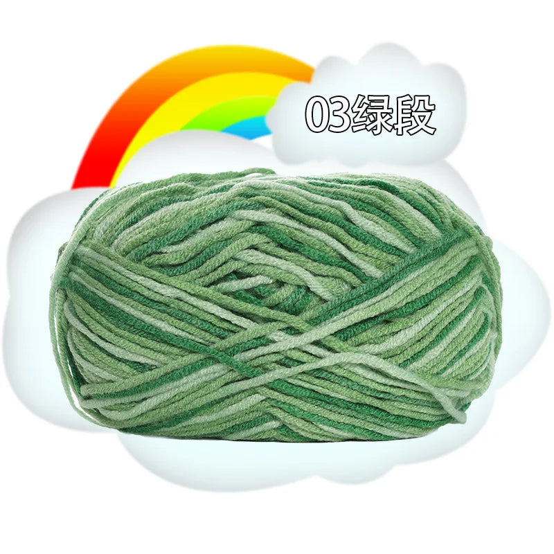 A ball of soft, anti-pilling milk cotton blend yarn in a moss green color, labeled as 03 level.