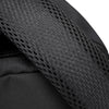 Close-up of a black canvas backpack featuring a mesh fabric detail.