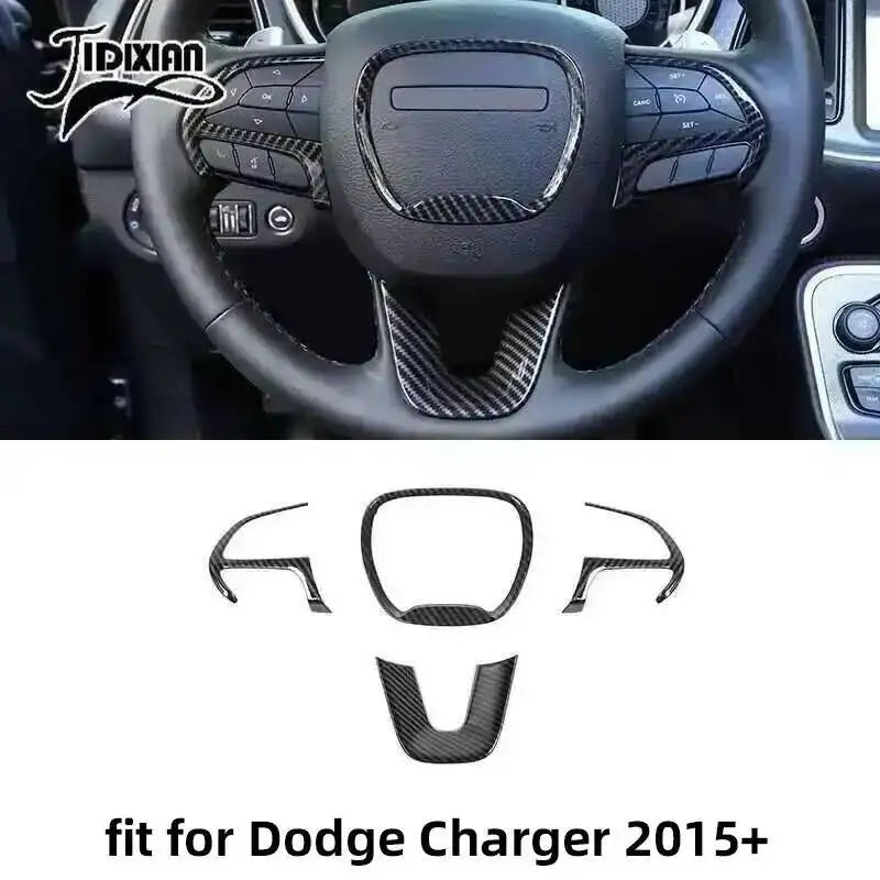 Carbon fiber interior trim kit for Dodge Charger featuring various trim pieces like steering wheel accents and console compon