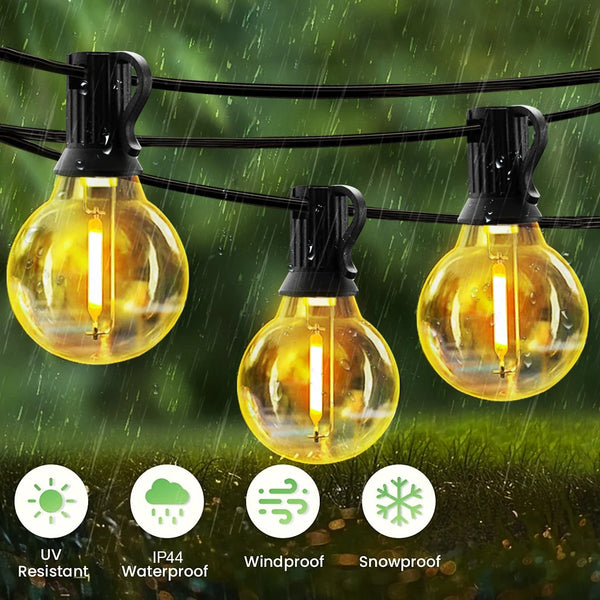 Three yellow LED string lights are hanging outdoors against a green background with icons indicating UV resistance, waterproo