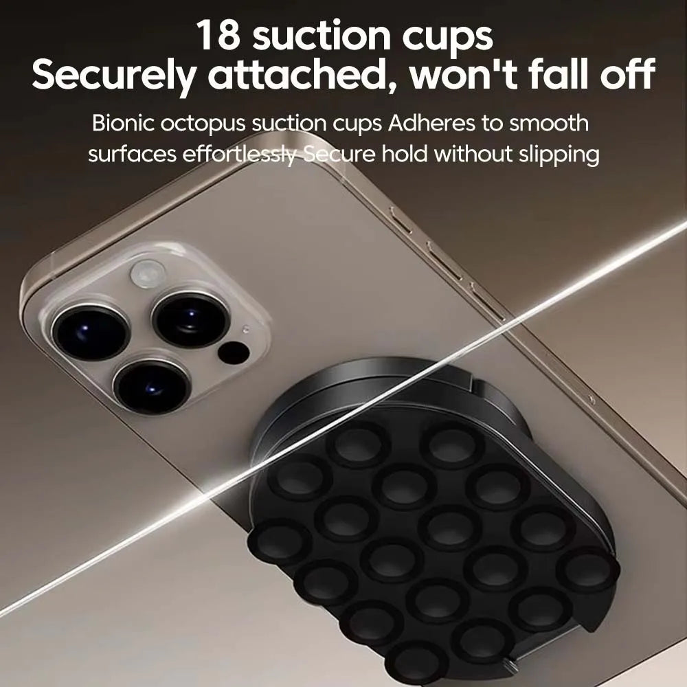 A close-up of a phone mount featuring 18 suction cups securely attached to a device surface.