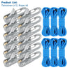 A set of heavy-duty rope tensioners with metal clasps and blue nylon rope.