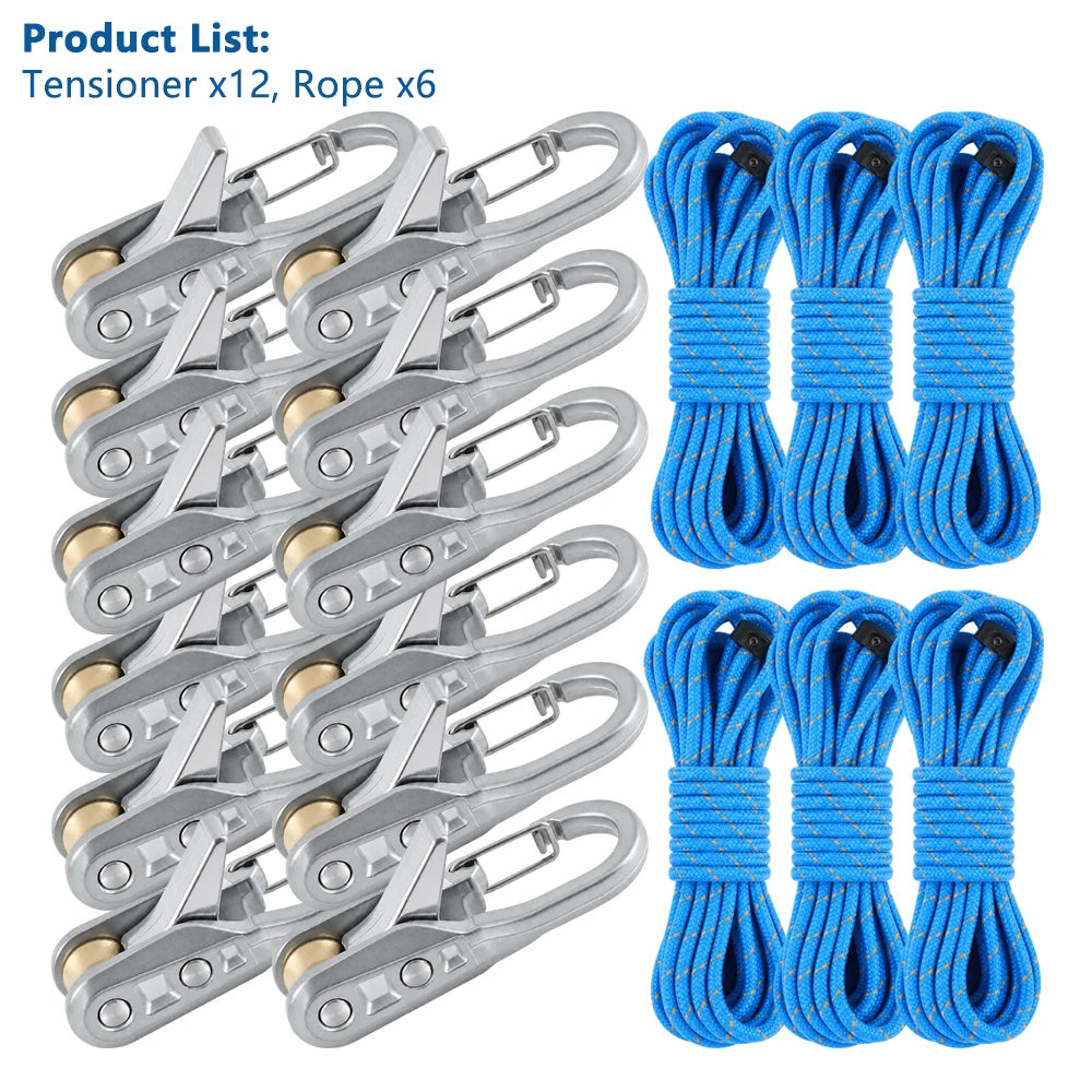 A set of heavy-duty rope tensioners with metal clasps and blue nylon rope.