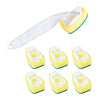 A white dish wand soap dispensing brush with four yellow replacement sponge heads.