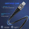 A black nylon braided fast charging cable with a certified chip and reinforced joint is shown against a dark blue background.