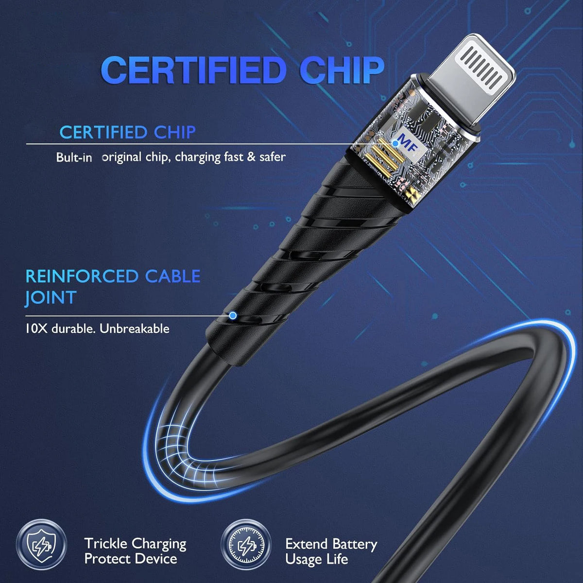 A black nylon braided fast charging cable with a certified chip and reinforced joint is shown against a dark blue background.
