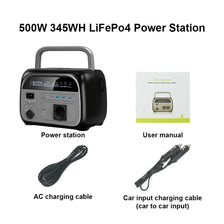 A black 500W LiFePO4 power station with a handle, an AC charging cable, and a car input charging cable.