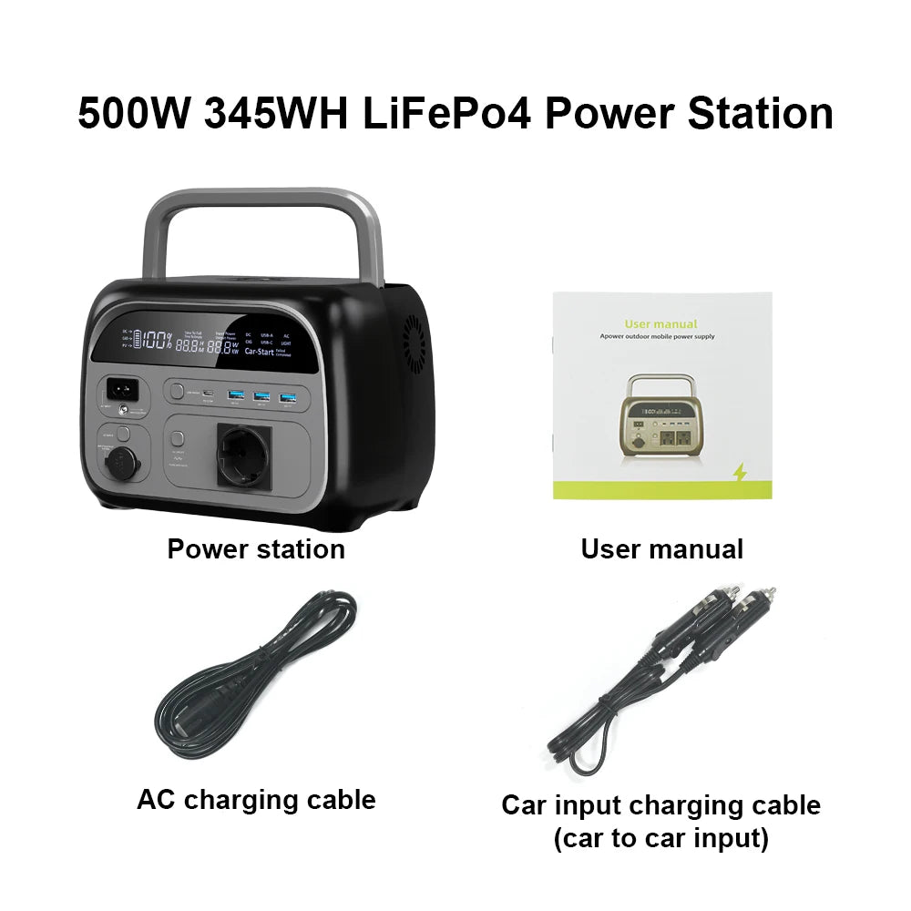 A black 500W LiFePO4 power station with a handle, an AC charging cable, and a car input charging cable.