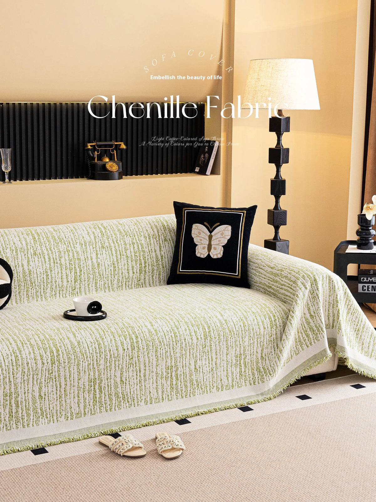 Thick Chenille Sofa Cover with Tassel Fringe — Scratch Resistant & Reversible