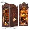 A detailed wooden book nook kit featuring a miniature library scene with intricate carvings and LED lighting.