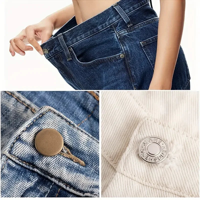 Close-up of a pair of dark denim jeans showing a bronze no-sew button set on the pocket