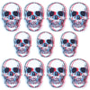 A set of ten embroidered iron-on patches depicting stylized skulls in punk and horror themes.