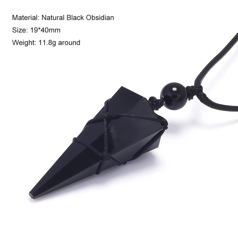 Geometric Natural Stone Pendant Necklace with Adjustable Leather Cord