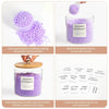 Laundry detergent storage containers with lids and labels shown in purple and lavender colors