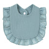 Light blue ribbed cotton baby bib in a bandana style with ruffled edges