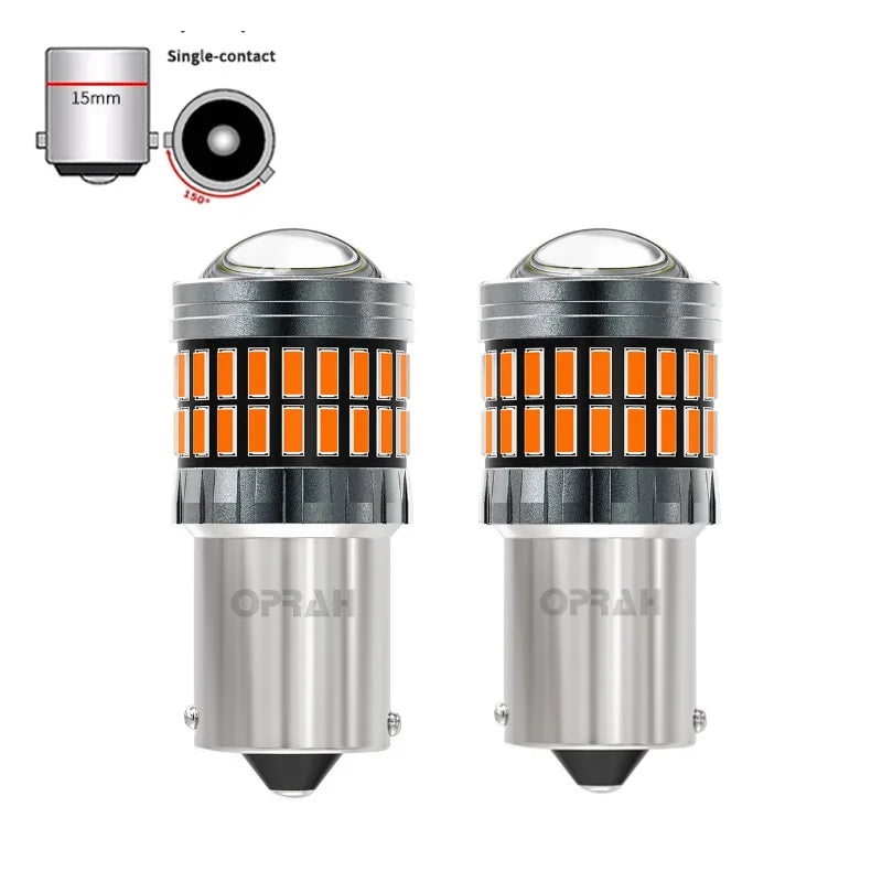 A pair of LED turn signal and reverse light bulbs shown with a single-contact component.