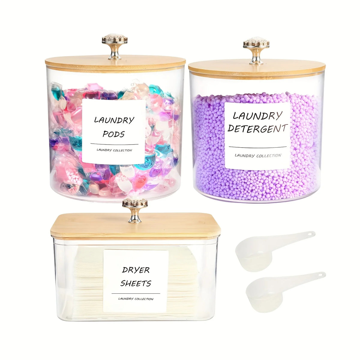 Three clear storage containers for laundry pods and dryer sheets with lids and labels