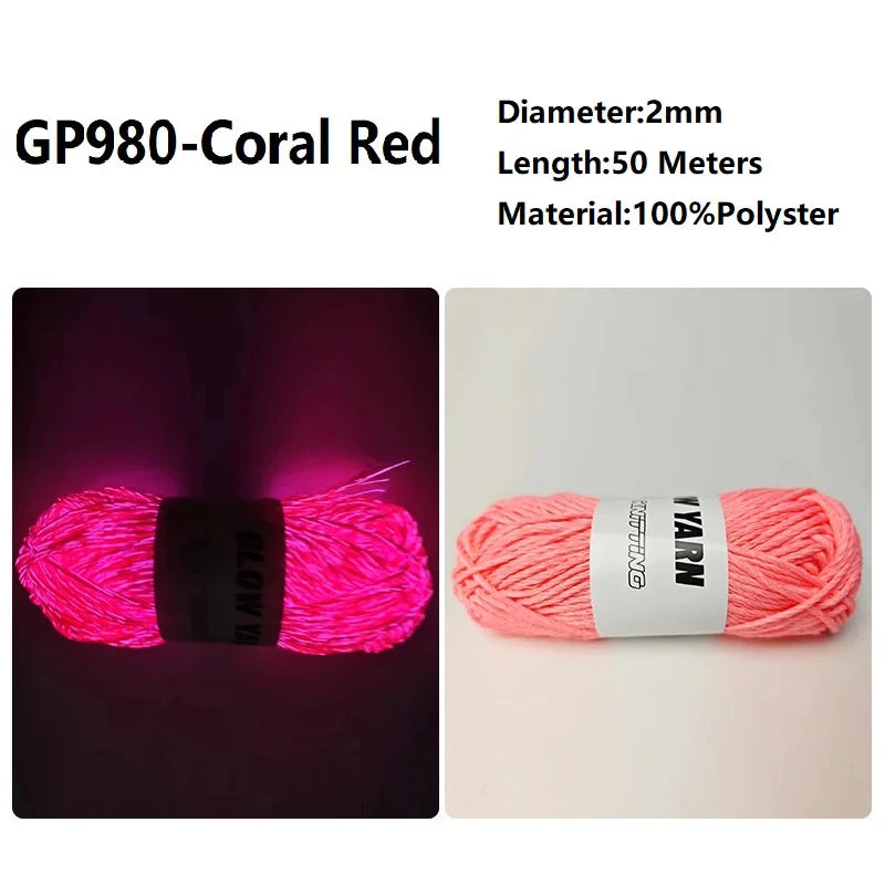 Spool of bright pink glow-in-the-dark polyester yarn for knitting and crochet
